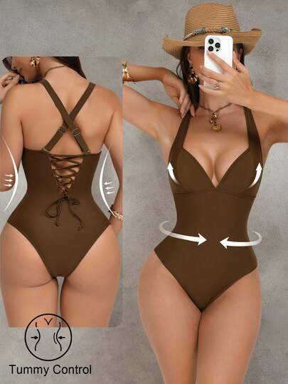Shapewave بدلة سباحة نسائية من قطعة واحدة، بتصميم ربط الأشرطة، وظهر مكشوف، بتحكم في البطن وتأثير رفع الصدر، بألوان بنية مرقعة، أنيقة وجذابة للحفلات والاستخدام في المسبح