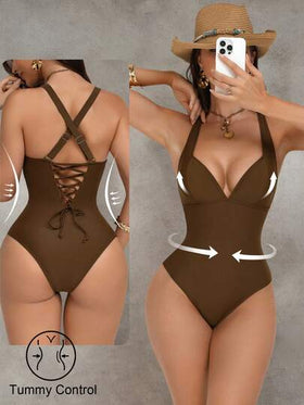 Shapewave بدلة سباحة نسائية من قطعة واحدة، بتصميم ربط الأشرطة، وظهر مكشوف، بتحكم في البطن وتأثير رفع الصدر، بألوان بنية مرقعة، أنيقة وجذابة للحفلات والاستخدام في المسبح