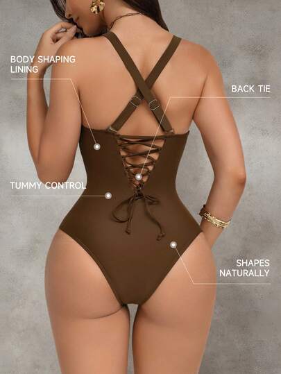 Shapewave بدلة سباحة نسائية من قطعة واحدة، بتصميم ربط الأشرطة، وظهر مكشوف، بتحكم في البطن وتأثير رفع الصدر، بألوان بنية مرقعة، أنيقة وجذابة للحفلات والاستخدام في المسبح