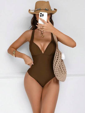 Shapewave بدلة سباحة نسائية من قطعة واحدة، بتصميم ربط الأشرطة، وظهر مكشوف، بتحكم في البطن وتأثير رفع الصدر، بألوان بنية مرقعة، أنيقة وجذابة للحفلات والاستخدام في المسبح
