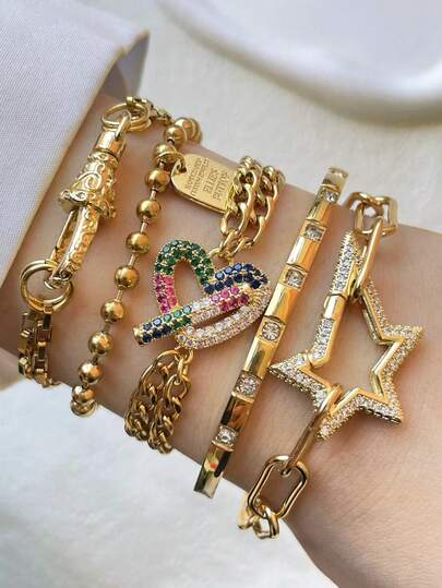 سوار من الذهب مكون من قطعة واحدة بمشبك مزدوج من STYLEVER، وسلسلة مزدوجة على شكل قلب من الألماس الملون، وسوار ساحر من الألماس الأبيض، وسلسلة من الفولاذ المقاوم للصدأ، للاحتفال بالأعياد والحياة اليومية