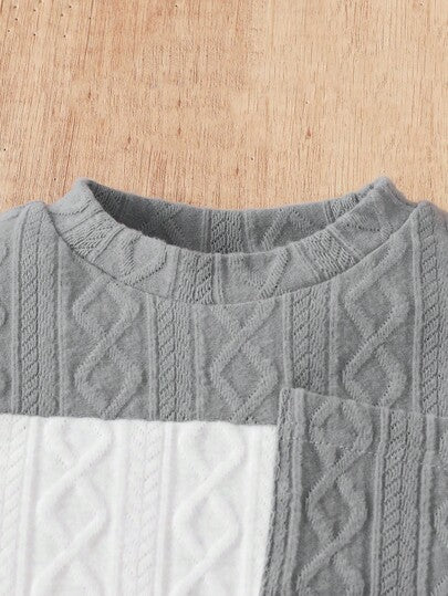 SHEIN مجموعة ملابس للأطفال الرضع/الصغار من الأولاد، تتكون من ملابس علوية بأكمام طويلة برقبة طاقم وجيب وأزرار على الكتف باللون الرمادي والأزرق والأبيض مع شريطات، وبنطلون بخصر مطاطي، من قماش ناعم ومريح، مناسب للربيع والخريف والشتاء، للخارج والمنزل والملابس