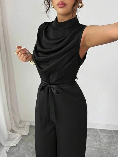 Elenzga جمبسوت أنيقة للنساء بياقة عالية خضراء، بأكمام بدون أكمام، خصر مضبوط، للربيع والصيف