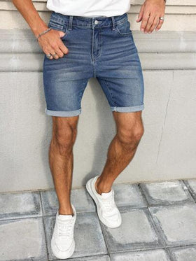 Manfinity Homme شورت جينز رجالي كاجوال بجيب وأساور قابلة للتمديد مريح