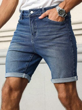 Manfinity Homme شورت جينز رجالي كاجوال بجيب وأساور قابلة للتمديد مريح