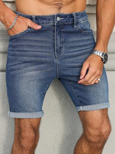 Manfinity Homme شورت جينز رجالي كاجوال بجيب وأساور قابلة للتمديد مريح