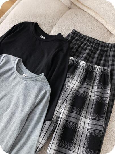 SHEIN طقم أطفال/أولاد صغار 4 قطع، تيشرت بياقة طاقم كم طويل باللون الأحادي وبنطلون فضفاض بنقشة مربعات، بيجاما بتصميم بسيط وناعم ومريح للاسترخاء مناسب لجميع الفصول