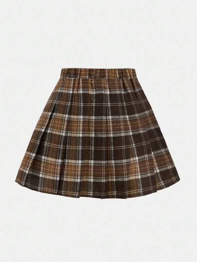 SHEIN مجموعة مكونة من 3 قطع للفتيات المراهقات: هوديي بسحاب بني، صدرية مضفرة، وتنورة منقوشة بنمط المربعات، ملابس مدرسية/يومية كاجوال، مناسبة للخريف/الشتاء