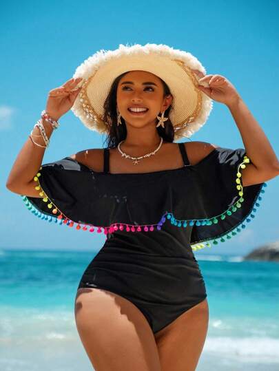 Swim Vcay فستان يناسب مقاسات كبيرة من قطعة واحدة بتفاصيل شراريب ملونة، طراز بسيط عصري، مناسب للارتداء اليومي الصيفي