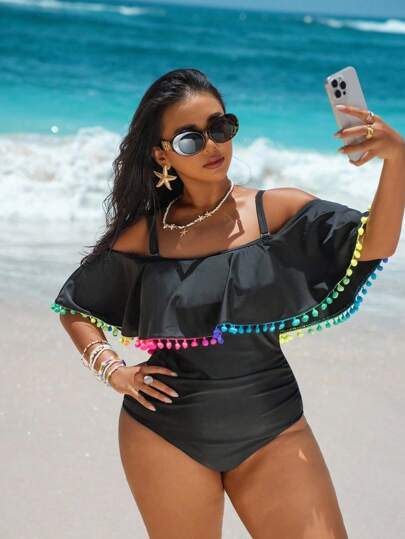 Swim Vcay فستان يناسب مقاسات كبيرة من قطعة واحدة بتفاصيل شراريب ملونة، طراز بسيط عصري، مناسب للارتداء اليومي الصيفي