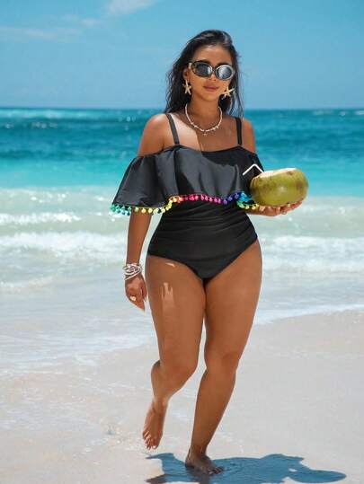 Swim Vcay فستان يناسب مقاسات كبيرة من قطعة واحدة بتفاصيل شراريب ملونة، طراز بسيط عصري، مناسب للارتداء اليومي الصيفي