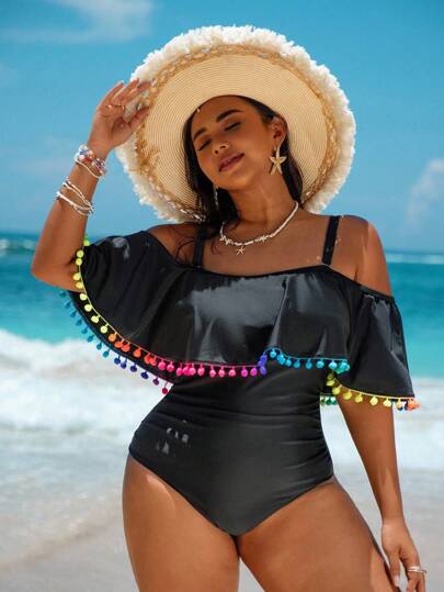 Swim Vcay فستان يناسب مقاسات كبيرة من قطعة واحدة بتفاصيل شراريب ملونة، طراز بسيط عصري، مناسب للارتداء اليومي الصيفي