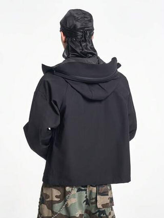 MT99 جاكيت رياح عملية بنمط الشارع العالي باللون الأسود، جاكيت هوديي يونيسكس للشارع