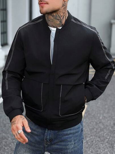 Manfinity Homme 1 قطعة جاكيت كاجوال رجالية ناضجة، بتصميم نحيف، من قماش أسود مع خياطة بيضاء متباينة، للارتداء اليومي، هدية للحبيب/الزوج، هدية للذكرى