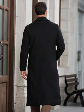 Manfinity Mode معطف طويل كاجوال ذو ياقة واسعة وأكمام طويلة وأزرار مزدوجة، لون أحادي، للرجال، للخريف/الشتاء
