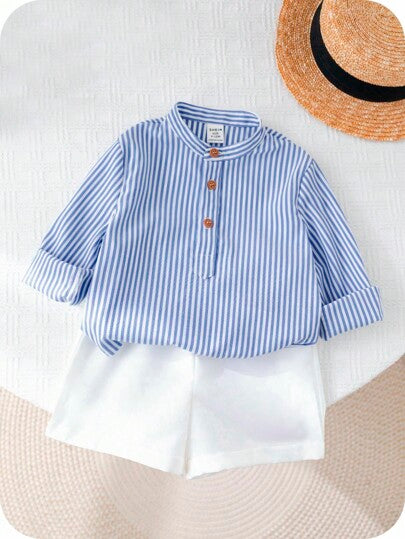 SHEIN 2 قطعة/مجموعة طقم قميص خطوط كاجوال طويل الأكمام وشورت للأطفال الصبية، مناسب للربيع والصيف، مناسب لحفلات عيد الميلاد، حفلات المساء، الأعراس، حفلات استقبال المواليد، عيد الميلاد الأول