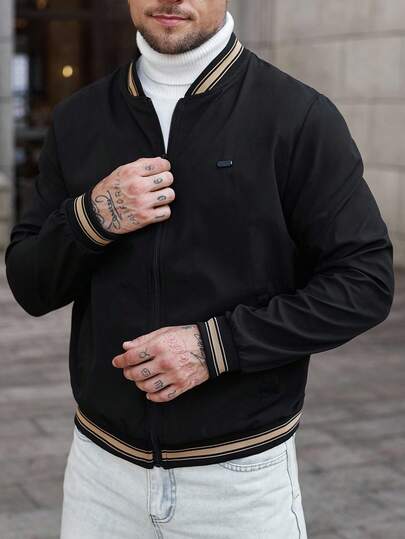 Manfinity CasualCool معطف رجالي خارجي للخريف والشتاء، معطف رجالي جديد للخريف، معطف للخريف والشتاء، معطف رجالي دافئ للخريف والشتاء. معطف رجالي كاجوال بأكمام طويلة بألوان متباينة، جاكيت بومبر رجالية سوداء، جاكيت بومبر رجالية مزودة بسحاب، جاكيت رجالية كاجوال