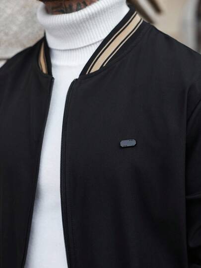 Manfinity CasualCool معطف رجالي خارجي للخريف والشتاء، معطف رجالي جديد للخريف، معطف للخريف والشتاء، معطف رجالي دافئ للخريف والشتاء. معطف رجالي كاجوال بأكمام طويلة بألوان متباينة، جاكيت بومبر رجالية سوداء، جاكيت بومبر رجالية مزودة بسحاب، جاكيت رجالية كاجوال