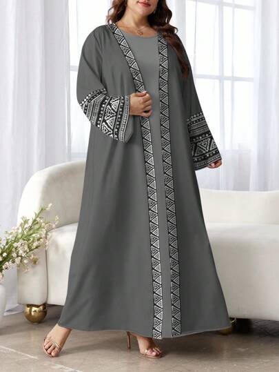 SHEIN Najma عباءة أنيقة للنساء بطبعات هندسية وزهرية طويلة الأكمام، كاجوال، للربيع والخريف