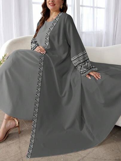 SHEIN Najma عباءة أنيقة للنساء بطبعات هندسية وزهرية طويلة الأكمام، كاجوال، للربيع والخريف