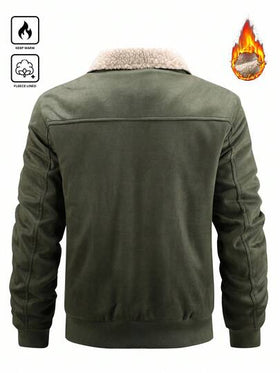 Manfinity Homme معطف رجالي مبطن حراري من الجلد المدبوغ الصناعي بأكمام طويلة، طوق من الشيربا، معطف شتوي للرجال في فصل الخريف والشتاء، معطف كاجوال للرجال