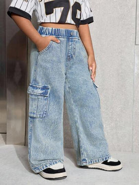 SHEIN بنطلون جينز أزرق فضفاض بجيوب للفتيات الصغيرات
