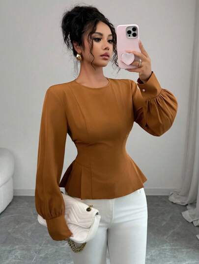 Elenzga ملابس علوية أنيقة للنساء بتصميم رقبة دائرية وأكمام طويلة من قماش منسوج مع رباط خصر قابل للسحب، مناسبة للاستخدام اليومي، تخفيف الخصر وإنحاف الشكل، مناسبة للربيع والخريف