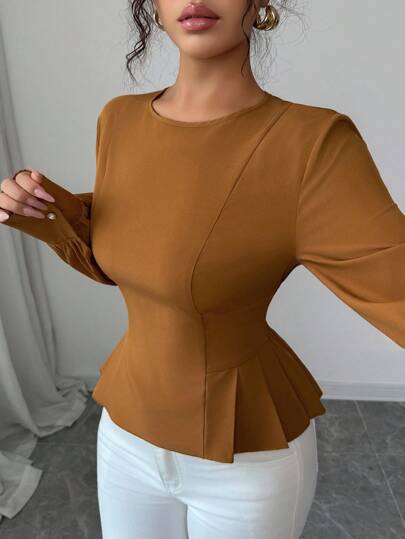 Elenzga ملابس علوية أنيقة للنساء بتصميم رقبة دائرية وأكمام طويلة من قماش منسوج مع رباط خصر قابل للسحب، مناسبة للاستخدام اليومي، تخفيف الخصر وإنحاف الشكل، مناسبة للربيع والخريف