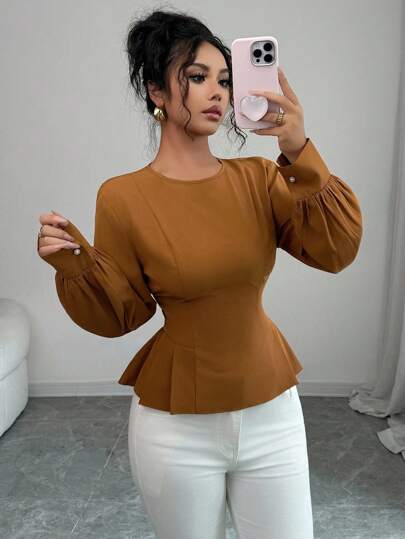 Elenzga ملابس علوية أنيقة للنساء بتصميم رقبة دائرية وأكمام طويلة من قماش منسوج مع رباط خصر قابل للسحب، مناسبة للاستخدام اليومي، تخفيف الخصر وإنحاف الشكل، مناسبة للربيع والخريف