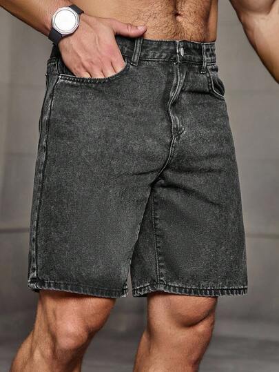 Manfinity Homme شورت جينز رمادي فاتح بقصة واسعة للرجال