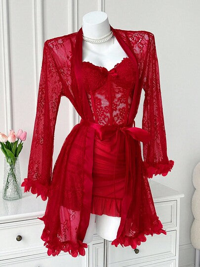 Seduluxe مجموعة من قطعتين: روب الدانتيل الزهري ثلاثي الأبعاد + قميص نوم الدانتيل ذو تصميم عظم السمك للخصر