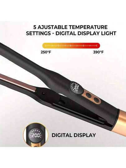 مكواة تقويم الشعر صغيرة الحجم، شاشة عرض درجة الحرارة LCD، جهد كهربائي مزدوج 110-240 فولت، مناسبة لجميع أنواع الشعر، مكواة شعر محمولة، مثالية للسفر، تصميم أنيق باللونين الأسود والذهبي