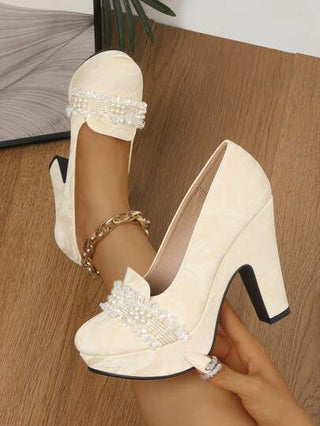 أحذية خطوبة/زفاف ذات لؤلؤ عتيقة، أحذية عروس، كعب سميك مانع للانزلاق، رؤوس مستديرة، أحذية فستان تشونغسام، للنساء، لون المشمش