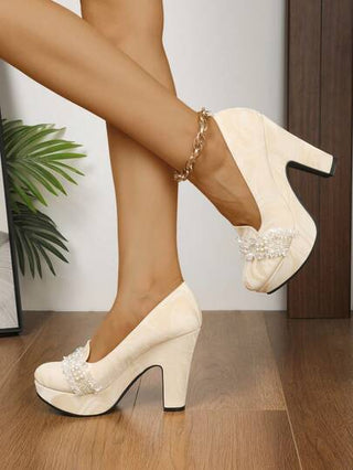 أحذية خطوبة/زفاف ذات لؤلؤ عتيقة، أحذية عروس، كعب سميك مانع للانزلاق، رؤوس مستديرة، أحذية فستان تشونغسام، للنساء، لون المشمش