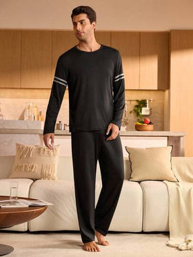 Manfinity Underwear&Sleepwear Basics بيجامة رجالية مكونة من ملابس علوية بياقة طاقم وأكمام طويلة مخططة وبنطلون، ملابس منزلية للخريف والشتاء