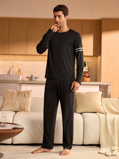 Manfinity Underwear&Sleepwear Basics بيجامة رجالية مكونة من ملابس علوية بياقة طاقم وأكمام طويلة مخططة وبنطلون، ملابس منزلية للخريف والشتاء