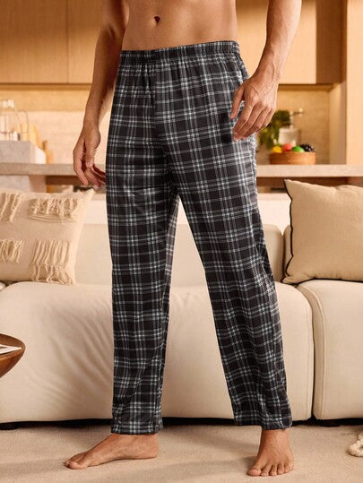 Manfinity Underwear&Sleepwear Basics بنطلون بيجاما مربع محبوك للرجال مع جيوب، ملابس منزلية طويلة للراحة والأساسيات، شتاء