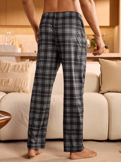 Manfinity Underwear&Sleepwear Basics بنطلون بيجاما مربع محبوك للرجال مع جيوب، ملابس منزلية طويلة للراحة والأساسيات، شتاء