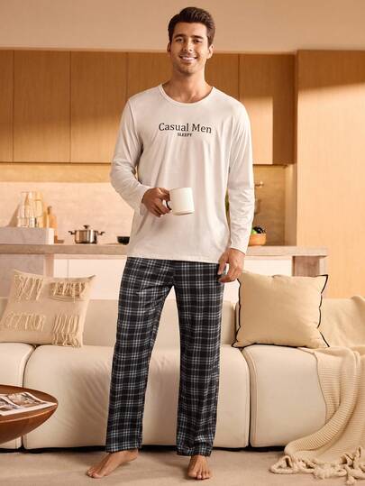 Manfinity Underwear&Sleepwear Basics بنطلون بيجاما مربع محبوك للرجال مع جيوب، ملابس منزلية طويلة للراحة والأساسيات، شتاء