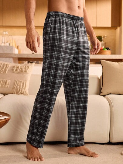 Manfinity Underwear&Sleepwear Basics بنطلون بيجاما مربع محبوك للرجال مع جيوب، ملابس منزلية طويلة للراحة والأساسيات، شتاء