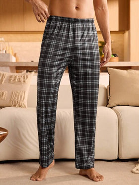 Manfinity Underwear&Sleepwear Basics بنطلون بيجاما مربع محبوك للرجال مع جيوب، ملابس منزلية طويلة للراحة والأساسيات، شتاء