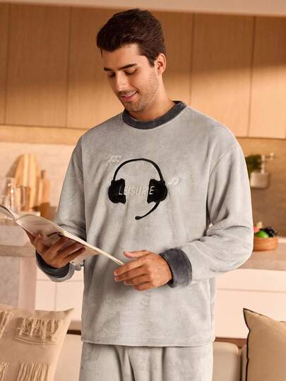 SHEIN طقم ملابس علوية وبنطلون رياضي مبطن للرجال، طقم بيجامات شتوي مريح من الفرو للرجال، ملابس خريفية مريحة