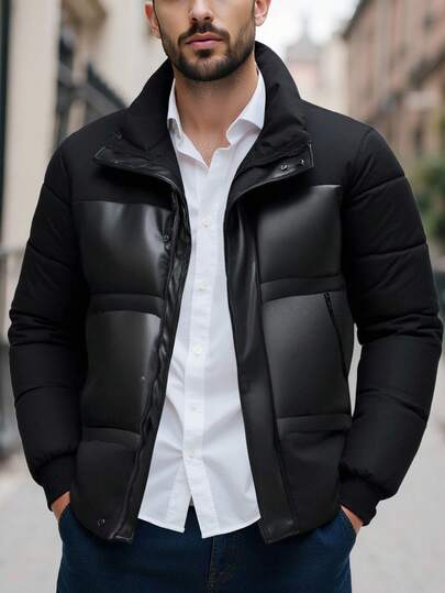 Manfinity Homme معطف كاجوال طويل الأكمام مبطن مع سحاب أمامي، ملابس خارجية شتوية، مناسب كهدية لأصدقاء وأزواج وأصدقاء المقربين، جاكيت بطانة سوداء للرجال، جاكيت شتوية للرجال، جاكيت جلد أسود للرجال، جاكيت خارجية، جاكيت بطانة مع جلد
