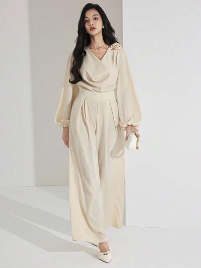 Heiryn جمبسوت طويلة الأكمام أنيقة للنساء بياقة على شكل حرف V مزينة بزهور ثلاثية الأبعاد بلون واحد
