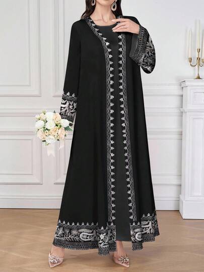 SHEIN Najma فستان ماكسي أنيق بطبعة الباييت وياقة على شكل حرف V وأكمام طويلة بطراز عربي، للربيع/الصيف