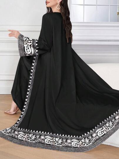 SHEIN Najma فستان ماكسي أنيق بطبعة الباييت وياقة على شكل حرف V وأكمام طويلة بطراز عربي، للربيع/الصيف