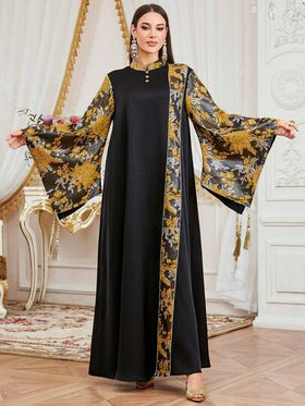 فستان عباية رمضان للنساء، فستان طويل الأكمام بياقة مندرين وتصميم جاكار ملون، مناسب للمناسبات الرسمية والارتداء اليومي العادي والتجمعات المنزلية