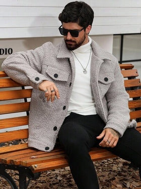 Manfinity Homme معطف كاجوال أحادي الصدر من الفرو الصناعي للرجال، خريف/شتاء