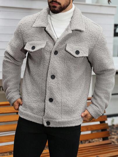 Manfinity Homme معطف كاجوال أحادي الصدر من الفرو الصناعي للرجال، خريف/شتاء
