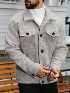 Manfinity Homme معطف كاجوال أحادي الصدر من الفرو الصناعي للرجال، خريف/شتاء